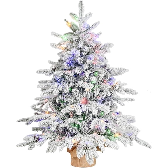 Makeatree 3FT Prelit Snow Flocked Christmas Tree Artificial Small Tabletop Xmas Tree with 100 Led Lights 26 Pine Cones 528 Branch Tip