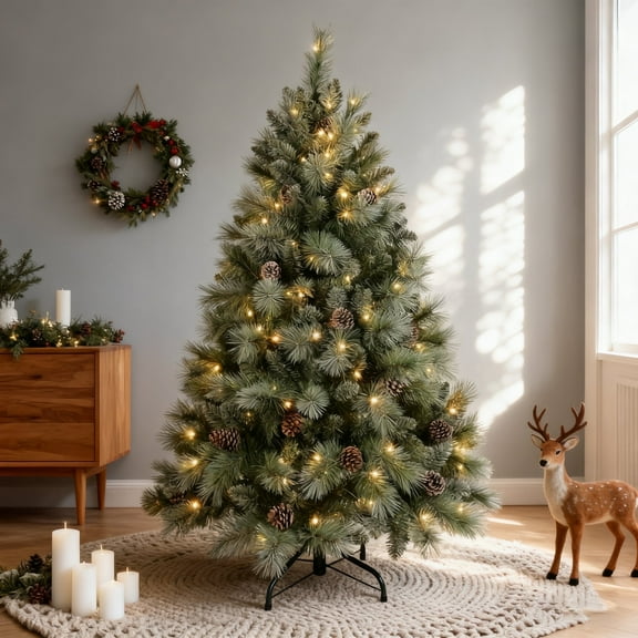 Makeatree 4 ft Snow-Tips Pre-Lit Christmas Tree with Pine Cones Premium Artificial XMAS Tree with 150 Warm White Lights for Home Metal Base