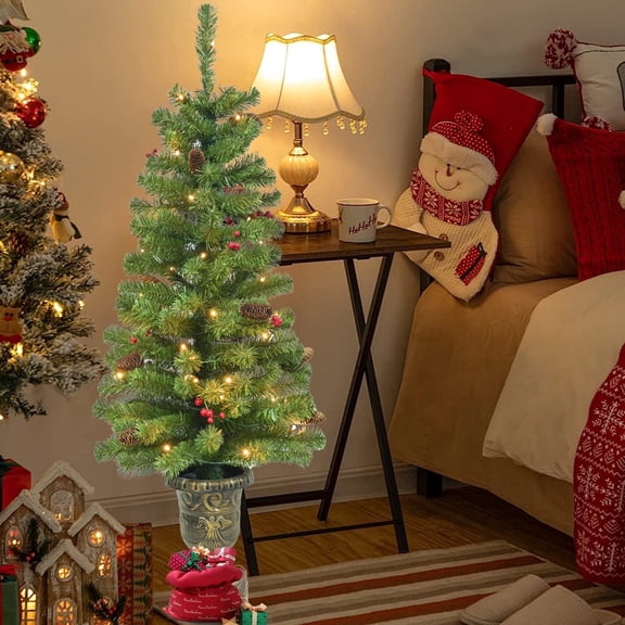 Makeatree 4FT Pre-lit Artificial Potted Small Christmas Tree with 50 Lights with 140 Branch Tips, Pine Cones&Red Berries, Battery Operated