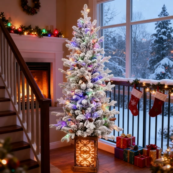 Makeatree 4ft Pre-Lit Potted Flocked Arctic Fir Pencil Artifical Christmas Tree Slim Twinkle Christmas Tree with Multicolor Lights, for Porch
