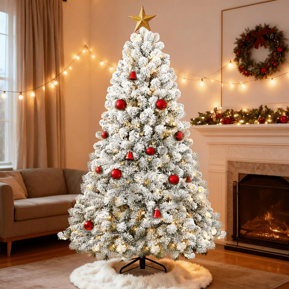 Makeatree 5ft Pre-lit Flocked Christmas Tree with 300 UL Lights & 27 Pine Cones & 600 Tips Snow Frosted Artificial Xmas Tree