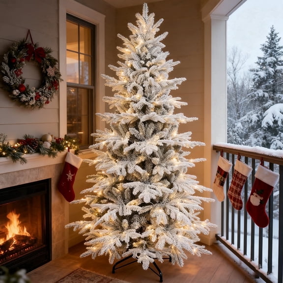 Makeatree 6 ft Prelit Snow Flocked Christmas Tree Frosted Artificial Xmas Tree with Multicolor Lights &1582PE PVC Tips, 9 Color Modes