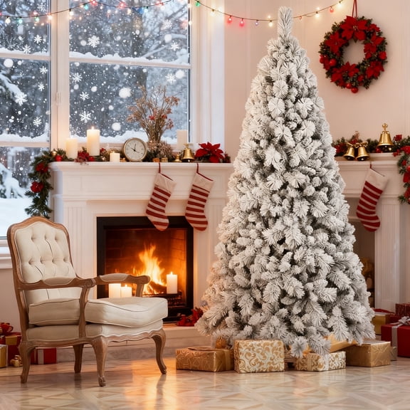 Makeatree 6 ft Snow Flocked Christmas Tree Unlit Artificial Tree with 752 Mixed PVC & Pine Needles Tips