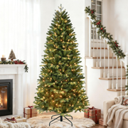Makeatree 6ft Prelit Artificial Christmas Tree with 300 Lights, Easy Assembly Hinge Design Skinny Xmas Trees, 1032 PE&PVC Mixed Branch Tips, Green