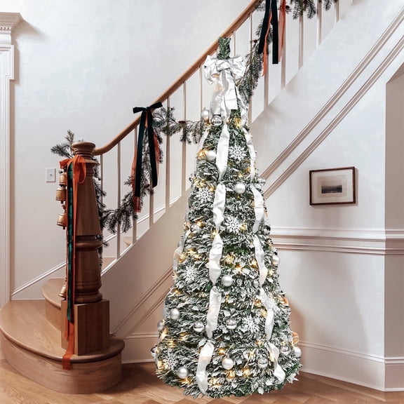 Makeatree 6ft Pre-Lit Pop up Christmas Tree with 150 Lights, Pre Decorated Artificial Xmas Tree Flocked Silver Pull up Christmas Tree ,with Easy Setup & Foldable for Storage