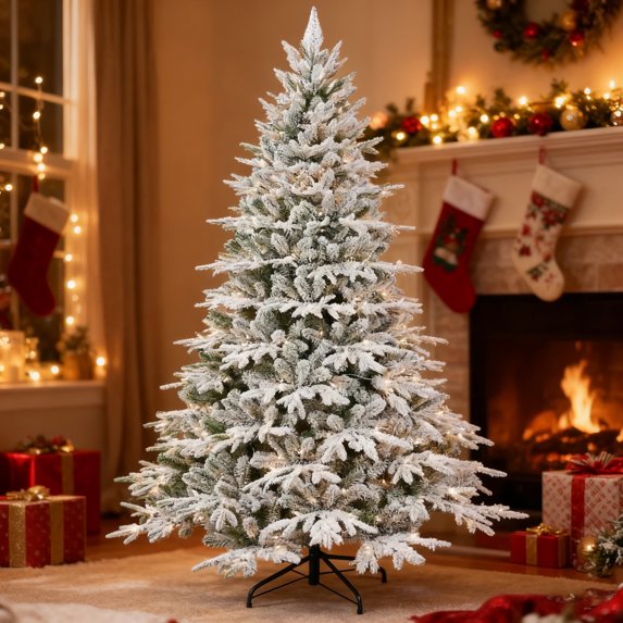 Makeatree 7.5 ft Prelit Flocked Artificial Full Christmas Tree with 3280 PE PVC Tips 650 Lights, Foldable Base for Home Office Party