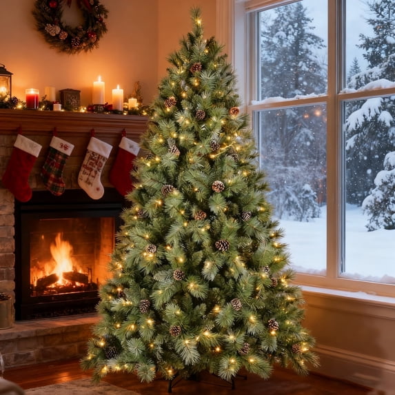 Makeatree 7.5 ft Snow-Tips Pre-Lit Christmas Tree with Pine Cones Premium Artificial XMAS Tree with 450 Warm White Lights for Home Metal Base