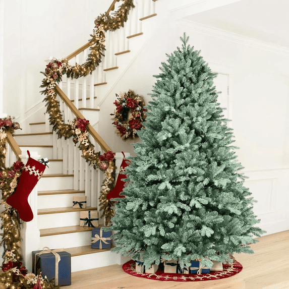 Makeatree 7.5FT Unlit Blue Spruce Hinged Artificial Christmas Tree with 2908 PE&PVC Mixed Branch Tips,Metal Stand