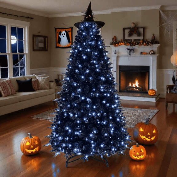 Makeatree 7.5ft Pre-Lit Black Artificial Christmas Tree, Halloween Holiday Decoration w/ 2156 Branch Tips, 500 Lights for Home Office, Party