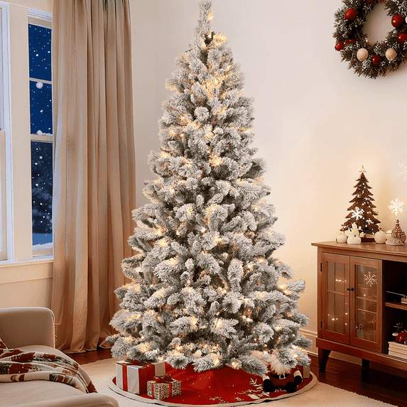 Makeatree 7FT Pre-Lit Snow Flocked Christmas Tree Artificial Pine Tree with 450 Lights