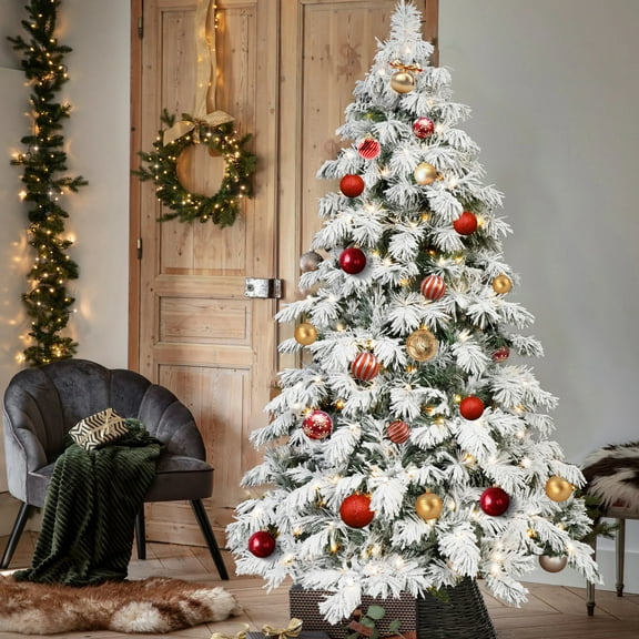 Makeatree 7ft Prelit Snow Flocked Christmas Tree with 360 Warm White Lights for Bedroom Living Room Indoor Outdoor