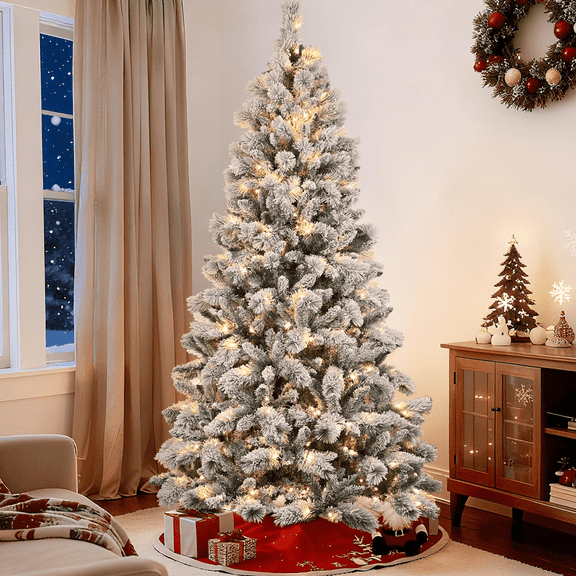Makeatree 8FT Pre-Lit Snow Flocked Christmas Tree Artificial Pine Tree with 600 Lights