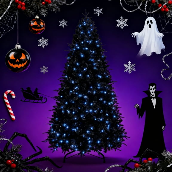 Makeatree 8ft Pre-Lit Black Artificial Christmas Tree, Halloween Holiday Decoration w/ 2486 Branch Tips, 600 Lights for Home Office, Party
