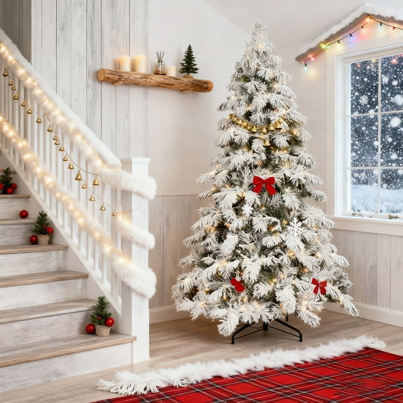Makeatree 8ft Prelit Snow Flocked Christmas Tree with 470 Warm White Lights for Bedroom Living Room Indoor Outdoor
