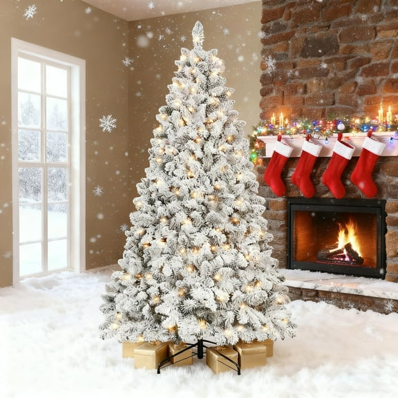 Makeatree 9ft Pre-lit Flocked Christmas Tree with 850 UL Lights & 63 Pine Cones & 2240 Tips Snow Frosted Artificial Xmas Tree