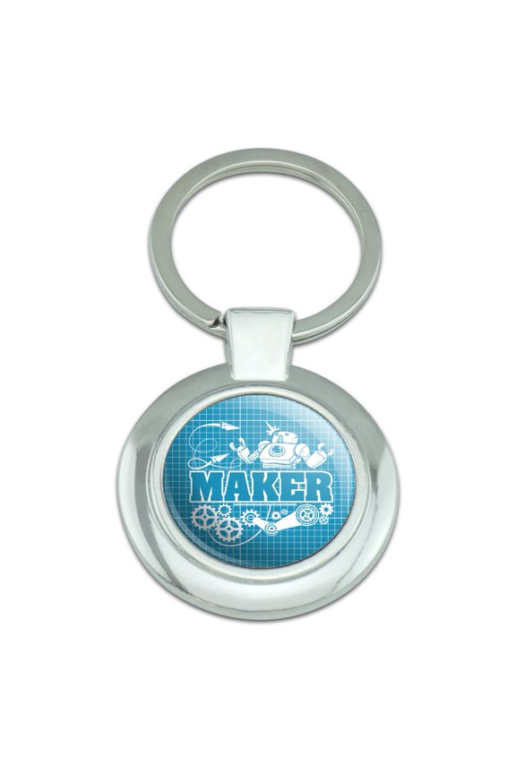 Maker Blueprint Design with Robot and Gears Keychain Classy Round Chrome Plated Metal