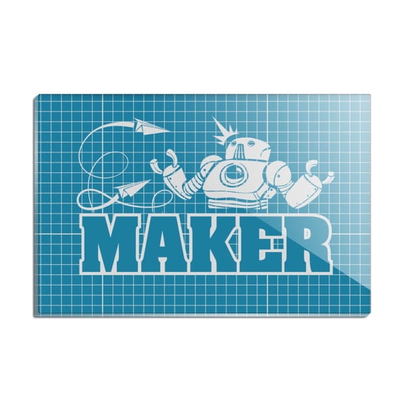 Maker Blueprint Design with Robot and Gears Rectangle Acrylic Fridge Refrigerator Magnet