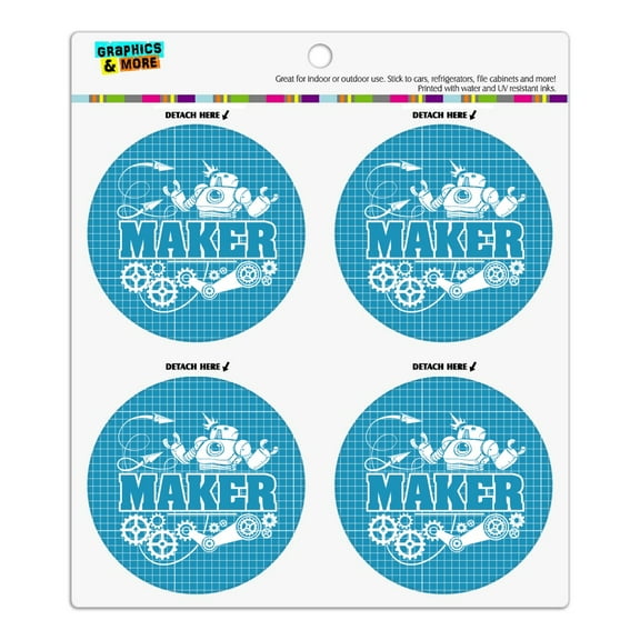Maker Blueprint Design with Robot and Gears Refrigerator Fridge Locker Vinyl Circle Magnet Set