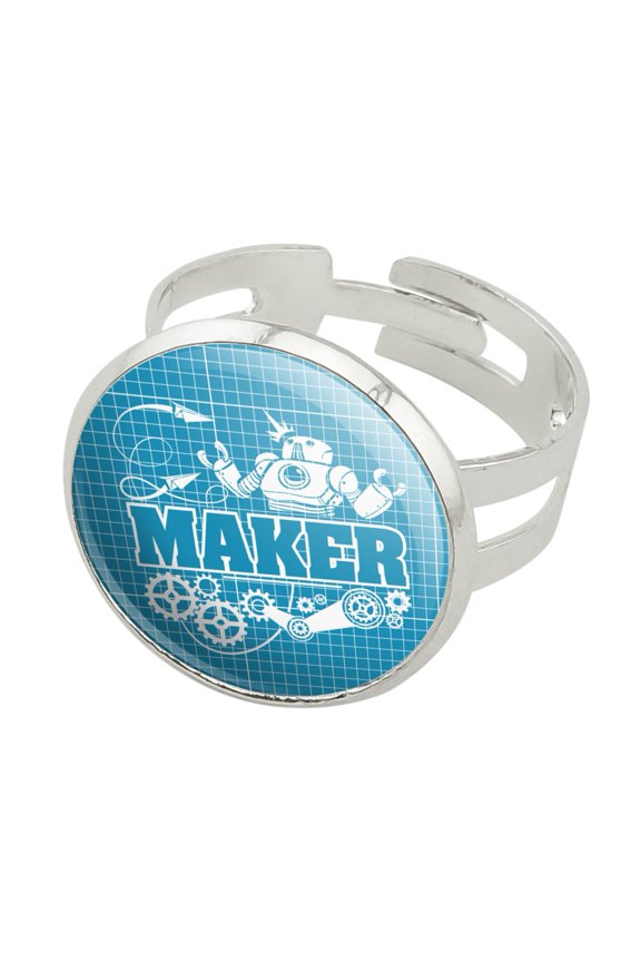 Maker Blueprint Design with Robot and Gears Silver Plated Adjustable Novelty Ring