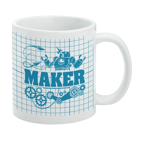 Maker Blueprint Design with Robot and Gears White Mug