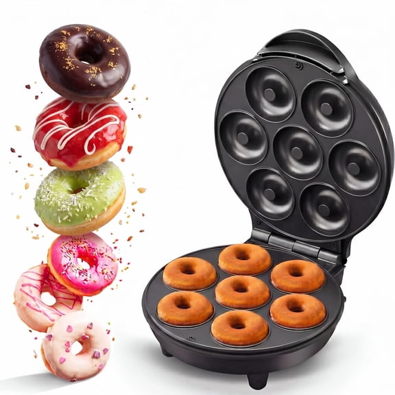 Mini Donut Maker, Homemade Dessert Maker Features Double-Sided, Non-Stick Surface & Space-Saving Design, Makes 7