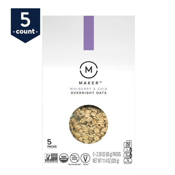 Maker Overnight Oats, Mulberry & Chia, Organic, No Sugar Added, 5 Pouches