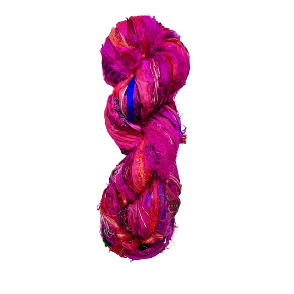 Maker's Craft Recycled Fuzzy Fringes Sari Silk Ribbon Yarn 35yards, 100Grams for DIY Knitting Crocheting Gift Wrapping, Christmas Decoration, Macrame Makers, Jewelry Making, Rugs Hooking (Magenta)