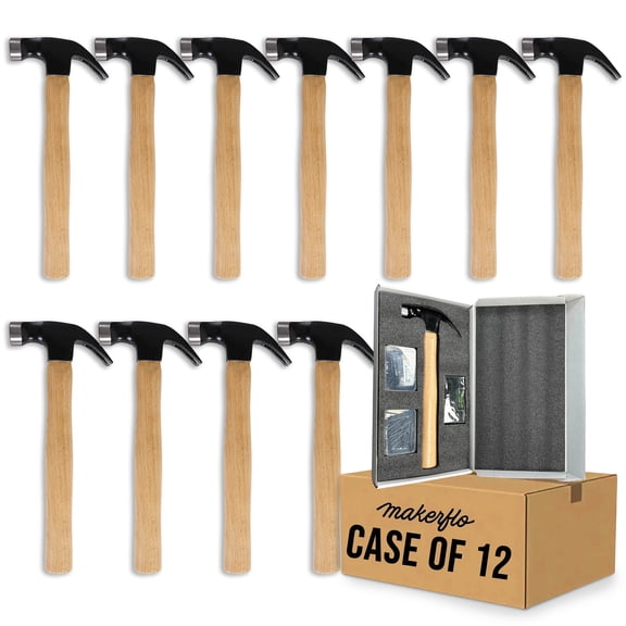 MakerFlo 16 oz Wood Hammer Gift Set, Pack of 12, Magnetic Head, Beech Handle, Includes Nails, Level & Tape Measure, Ideal for DIY & Laser Engraving