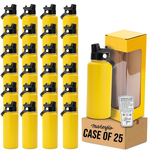 MakerFlo 32oz Yellow Powder Coated Water Bottle Case of 25, Stainless Steel Vacuum Insulated Sports Bottle with 2-in-1 Straw & Chug Lid, Customizable Blank Bottle, Ideal for Laser Engraving