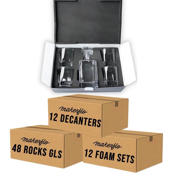 MakerFlo 750mL Whiskey Decanter Set with 4 Rocks Glasses, Foam Gift Box, Laser Engraving Ready, Case of 12 Sets