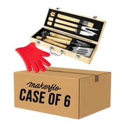 MakerFlo 11 Pc BBQ Grill Accessories Set with Rubber Wood Toolbox, Stainless Steel BBQ Utensils, Grill Tools for Camping & Outdoor Cooking, for Dad, Laser Engraving Blanks, Case of 6