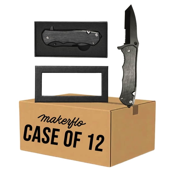 Makerflo The Beast Black Anodized Aluminum Pocket Knife Blanks, Case of 12 Laser Engraving & UV Printing Ready, Serrated Blade, Multi-Tool, Belt Clip, Gift Boxed, Bulk Blanks
