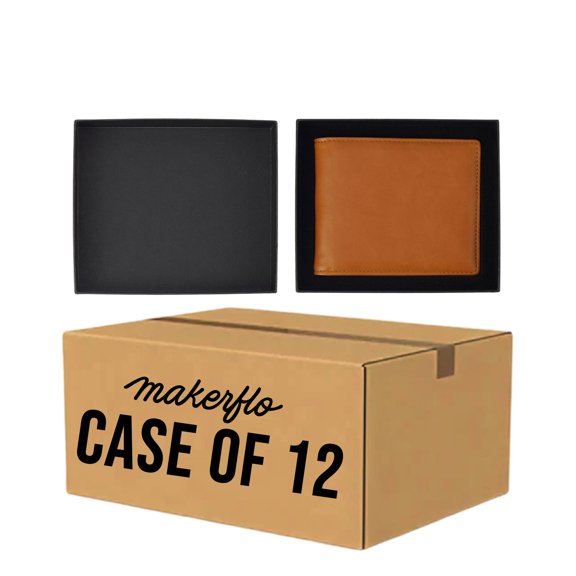 MakerFlo Laserette® Leatherette Bifold Wallet, RFID Blocking, Laser Engraving & UV Printing Ready, 6 Card Slots, Dual Bill Compartments, Individually Gift Boxed, Rawhide, Case of 12
