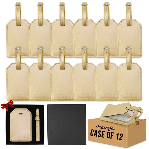 MakerFlo Metallic Gold Laserette Luggage Tag Case of 12, 4.375" x 2.875" Vegan Leather Travel Bag Tag with Privacy Flap & Adjustable Strap, Personalized Luggage Tag, Ideal Blank for - Laser Engraving