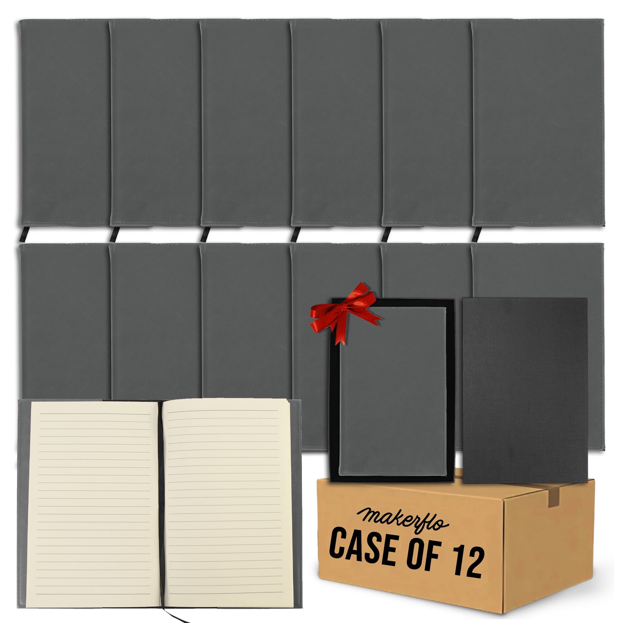 MakerFlo Laserette Refillable Journal for Adults, 8.75" x 5.5", Vegan Leather Cover with Lined Pages, pack of 12, Gray