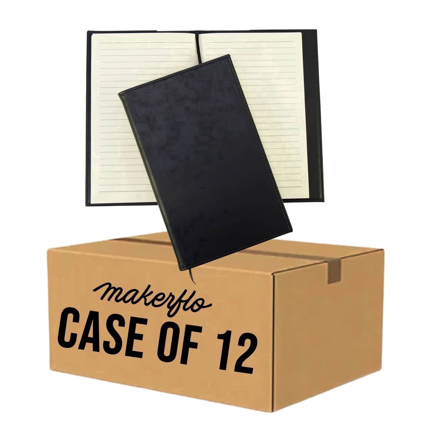 MakerFlo Laserette Refillable Journal for Adults, 8.75" x 5.5", Vegan Leather Cover with Lined Pages, pack of 12, Black