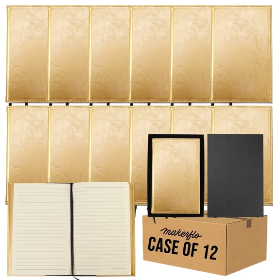 MakerFlo Metallic Gold Laserette Journal Notebook Case of 12, 8.75" x 5.5" Refillable Vegan Leather Writing Journal with Lined Pages, Personalized Gift Notebook, Ideal Blank for - Laser Engraving