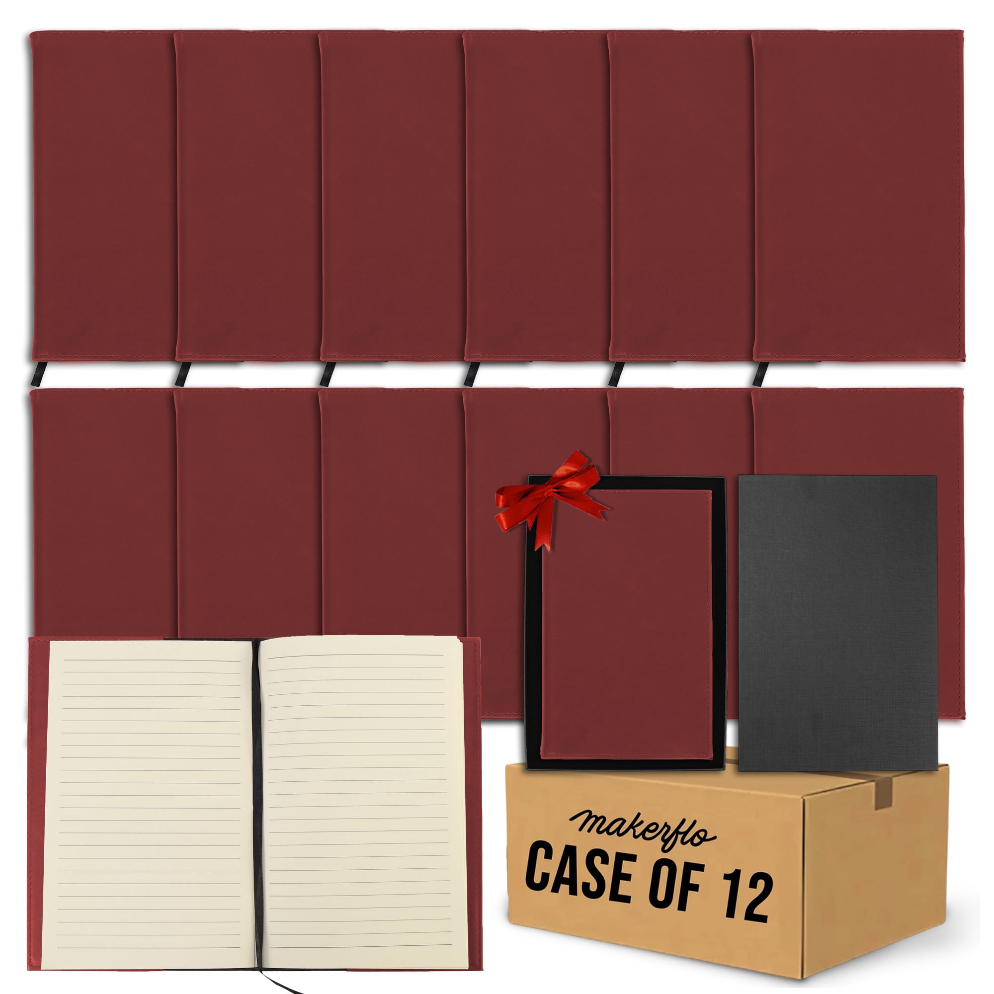 MakerFlo Laserette Refillable Journal, 8.75 x 5.5 in, Vegan Leather Cover with Lined Pages (Pack of 12), Red
