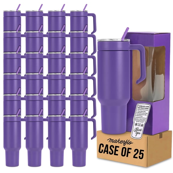 MakerFlo MakerTwist 40oz Powder Coated Tumbler with Handle, Purple, 25-Pack, 304 Stainless Steel, Leak-Proof Lid, Straw & Gift Box