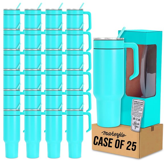 MakerFlo MakerTwist 40oz Powder Coated Tumbler with Handle, Teal, 25-Pack, 304 Stainless Steel, Leak-Proof Lid, Straw & Gift Box