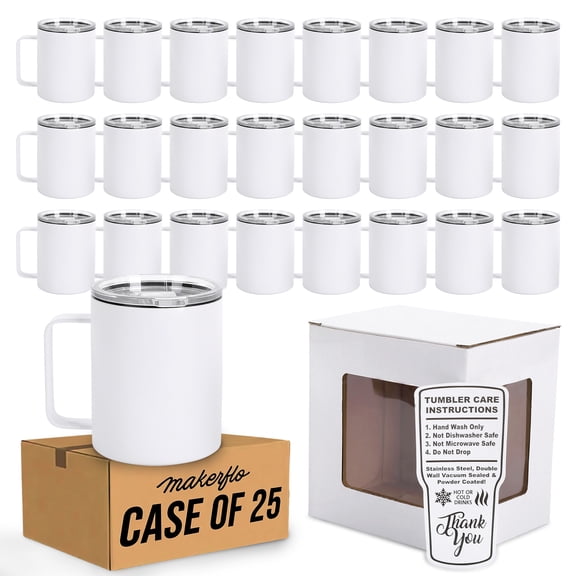 Makerflo 12 oz Powder Coated Camper Mug with Leak-Proof Lid, Laser Engraving & UV DTF Blank (White – Pack of 25)