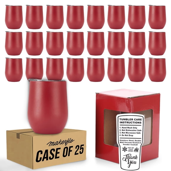 MakerFlo 12 oz Powder Coated Wine Tumbler, Leak-Proof Lid, Blank for Laser Engraving & UV DTF, Customizable (Red – Pack of 25)