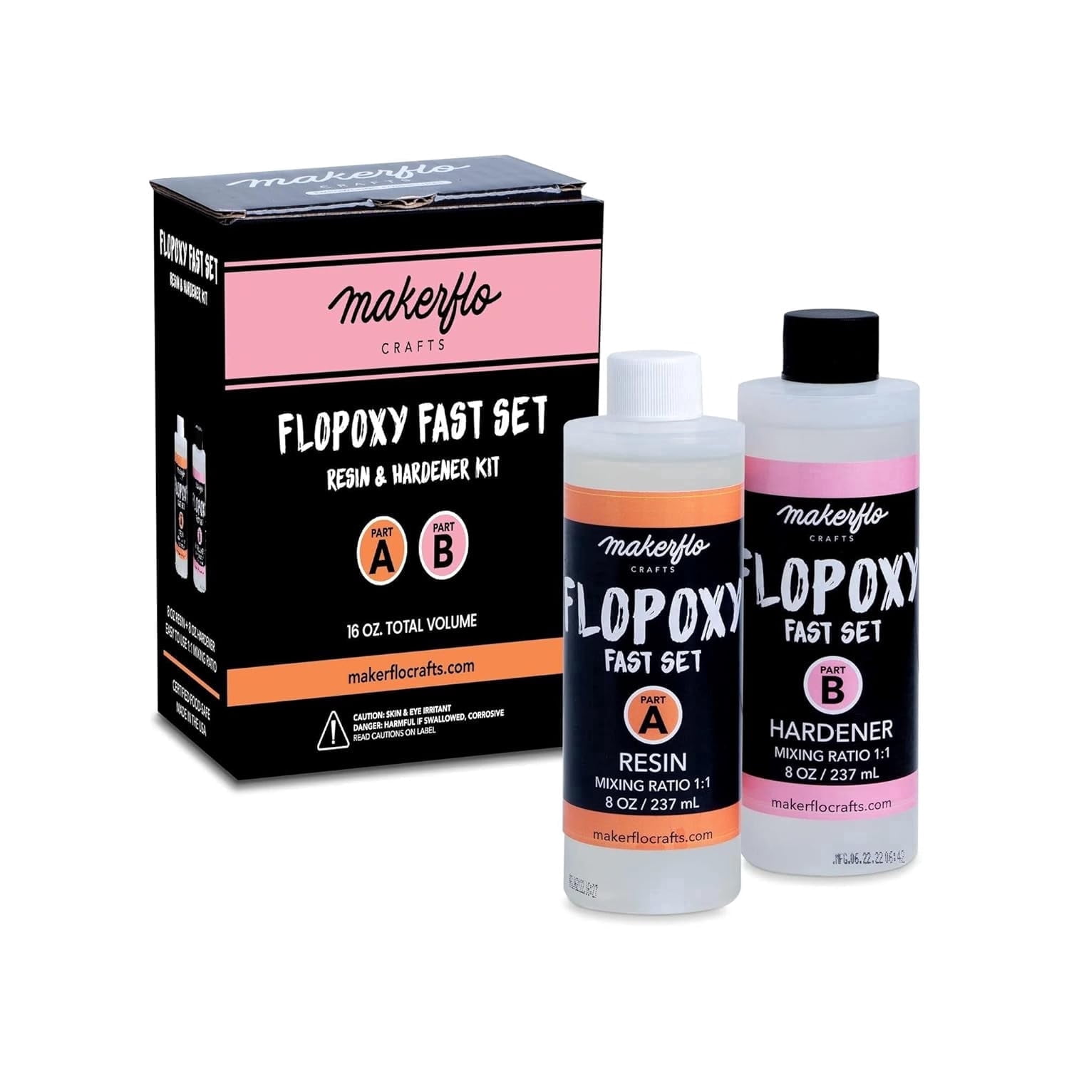 MakerFlo Flopoxy Fast Set Epoxy Resin Kit 16 oz, Crystal Clear 2-Part Resin & Hardener for Jewelry, Crafts, Tumblers & DIY Projects