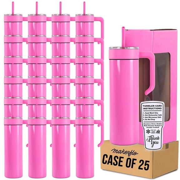 Makerflo 20 oz Skinny Pink Powder Coated Tumbler with MakerTwist™ Twist-On Handle, Pack of 25, Double Wall Vacuum Insulated Customizable Blank Tumbler for Laser Engraving, UV DTF, and Epoxy