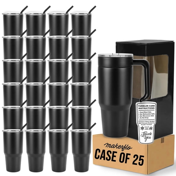 MakerFlo 30 oz Black Powder Coated Tumbler Pack of 25 with MakerTwist™ System, Twist-On Handle Option (Handle Sold Separately) Customizable Blank Tumbler, Ideal for Laser Engraving, UV DTF, Epoxy
