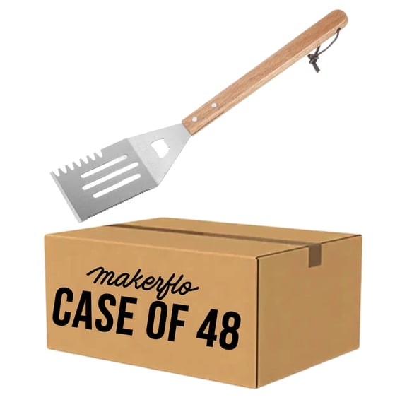MakerFlo BBQ Grill Spatula - Case of 48, Stainless Steel Barbecue Turner with Wooden Handle, Bottle Opener & Serrated Edge, Heavy Grilling Accessories for Outdoor Cooking, Camping & BBQ Gifts for Men
