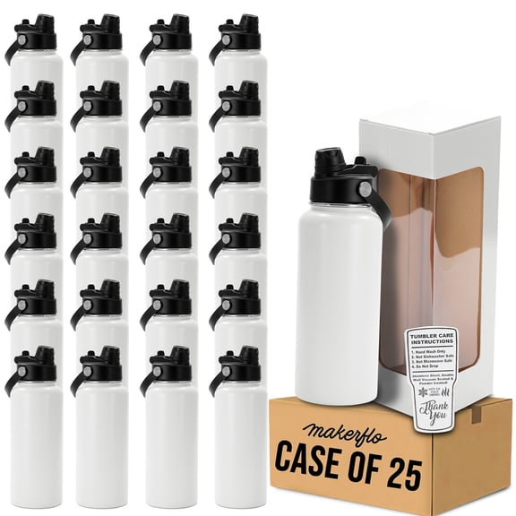 MakerFlo 32oz White Powder Coated Water Bottle Case of 25, Stainless Steel Vacuum Insulated Sports Bottle with 2-in-1 Straw & Chug Lid, Customizable Blank Bottle, Ideal for Laser Engraving