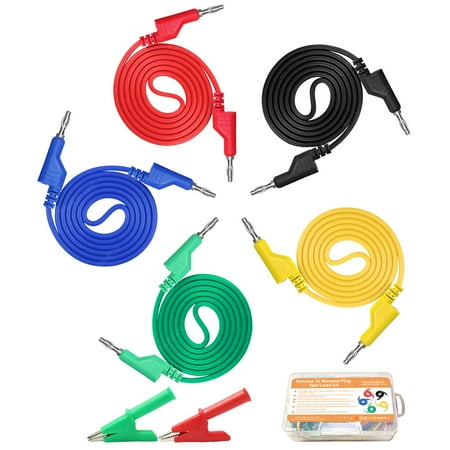 Makeronics 5pcs Banana to Banana Plug Test Lead Set for Multimeter | 4mm Stackable Banana Plug | 39.37inch / 1m length Flexible Electrical Test Wires 1000V/15A | 5 Colors (Black/Red/Green/Blue/Yellow)