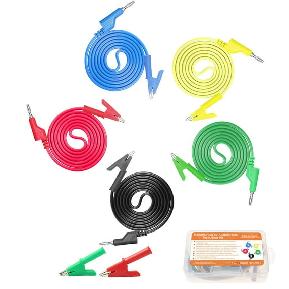 Makeronics 5pcs Banana Plug to Alligator Clip Test Leads Kit for Multimeter| 4mm Stackable Banana Plug |39.37inch /1m Flexible Electrical Test Wires 1000V/15A | 5 Colors (Black/Red/Green/Blue/Yellow)