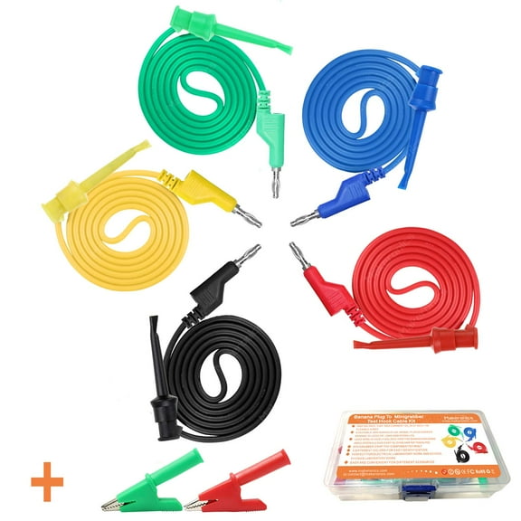 Makeronics 5pcs Banana Plug to Minigrabber Test Hook Cable Kit | 4mm Stackable Banana Plug | 39.37inch /1m Flexible Electrical Test Wires 500V/5A | 5 Colors | 2 PCS Alligator Clips